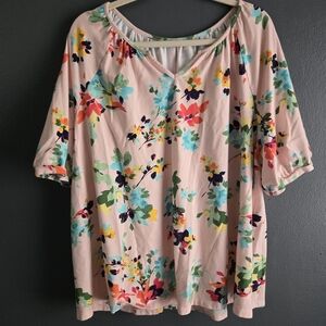 Denim & Co. Women’s Shell Pink Floral V-Neck Short Sleeve Swing Top 2X